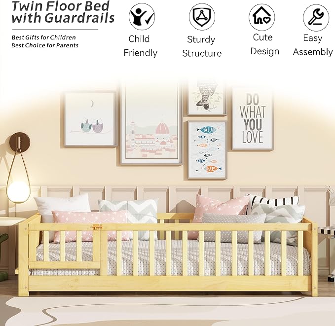 Twin Toddler Floor Bed with High Rails, Wooden Montessori Bed Frame with Door & Built-in Book Rack, Twin Size Bed Frame for Kids, Boys and Girls, Natural
