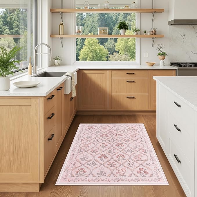 Small Throw Rug for Bedreoom 2x3 Washable Boho Aesthetic Pink Floral Non Slip Cute Area Rug for Side of Bed Teen Girls Room Kitchen Bathroom, Pink Multi