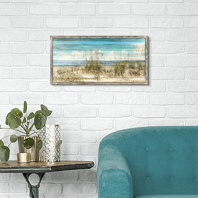Seascape Framed Wooden Wall Art: Beach Art Prints Ocean Painting Style Artwork Seaside Wall Decor Sand Dunes Picture Coastal Theme Prints for Bedroom 24"x12"