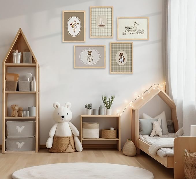 Vintage Nursery Wall Art Kids Room Canvas Wall Decor Animal Pictures Cute Duck and Woodland Bear Posters Neutral Floral and Sailboat Painting Print Artwork for Baby Boy Girl Room Playroom, Unframed