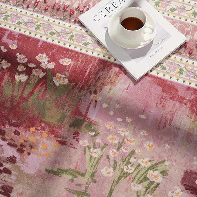 Rugcomf 2x6 Runner Rug Impressionist-Style Vintage Kitchen Rugs Non Slip Washable Soft Carpet Runner for Kitchen Laundry Bedroom Bathroom, Pink