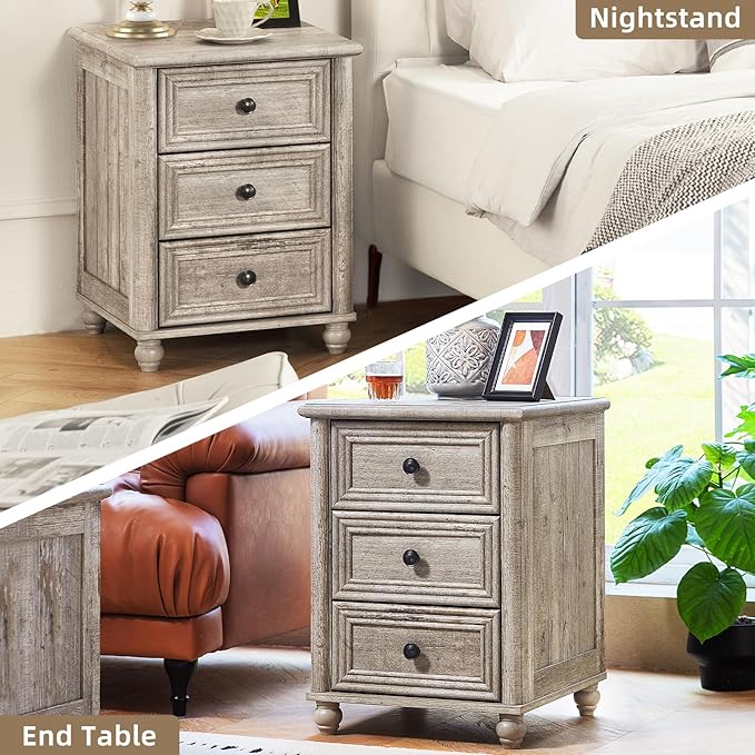 18" Farmhouse Night Stand Set of 2, Gray Wood Nightstand with 3 Drawers, Bedside End Table with Storage and Roman Column, Bed Side Tables Cabinet for Bedroom, Living Room, and Closet