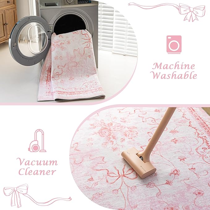 Pink Area Rugs for Bedroom Nursery 6x9 - Teen Girls Coquette Cute Room Decor Aesthetic Washable Vintage Cottage Core Floral Bow Dorm Rug for College Playroom