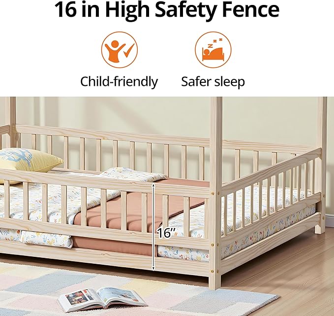 LLS Full Size House Bed with Fence, Wooden Montessori Bed with Roof Design, Floor Bed Frame for Boys Girls Bedroom, Natural