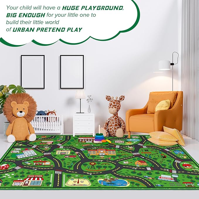 Tinideya Kids Carpet Playmat Rug Player Car Rug, 8 x 10 ft Traffic Map Mat Educational Game Area for Toddler Children Playroom Classroom Bedroom (City, Green)