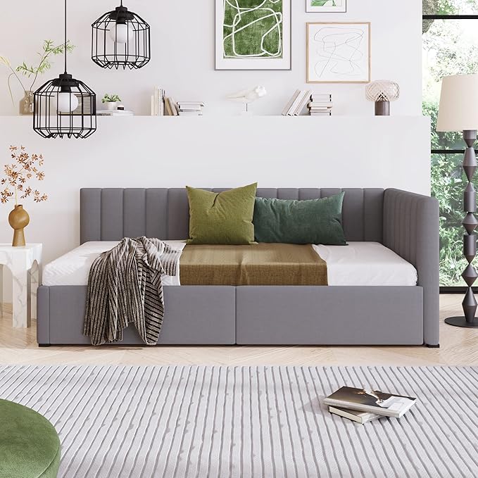 Harper & Bright Designs Upholstered Daybed with 2 Storage Drawers Twin Size Sofa Bed Frame No Box Spring Needed, Linen Fabric (Gray)