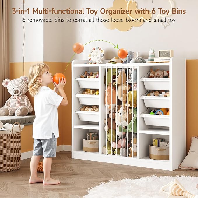ONBRILL Toy Storage Organizer with 6 Removable Plastic Bins, Toddler Stuffed Animal Storage, Toy Box Cabinet with 2 Open Cubbies, Book Shelf for Kids Room Playroom Bedroom Nursery (White)