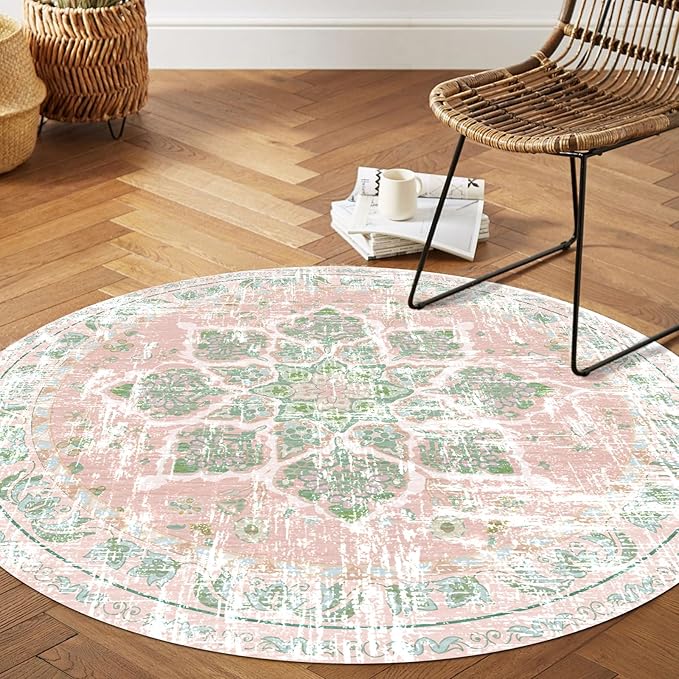 Vhong Boho Area Rugs Vintage Washable Round Dusty Pink and Green 5x5 Non Slip Small Circle Carpet for Nursery Living Room Dining Room Bedroom Girls' Room