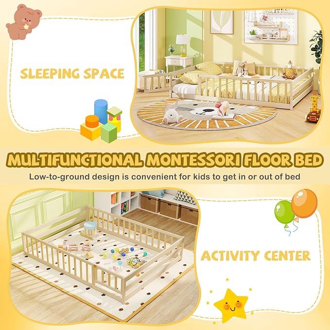 Giantex Full Floor Bed with Door & Fence, Kids Wood Montessori Beds with Safety Guardrails, Floor Bed Twin for Kids, Boys, Girls, No Box Spring Needed, Natural