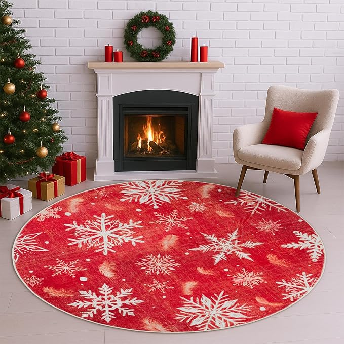 4' Machine Washable Christmas Round Area Rug, Non-Slip Vintage Floral Circle Floor Rugs for Kids, Low Pile Room Carpet for Living Room, Bedroom, Dining Room & Nursery(4' Snowflake)