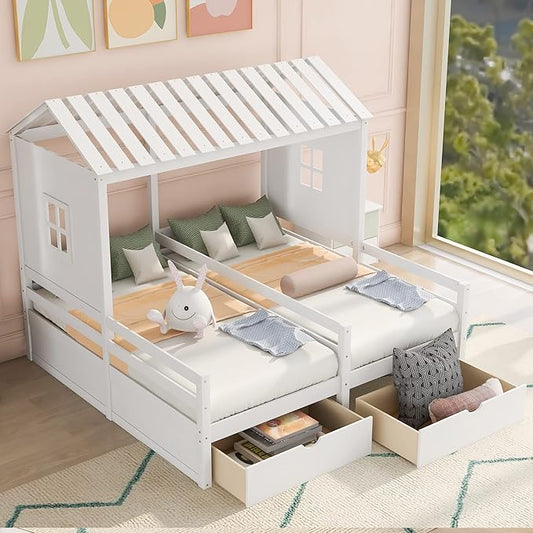 P PURLOVE Twin Double Shared Bed,Twin Size House Platform Beds with Two Drawers for Boy and Girl Shared Beds, Montessori House Bed Frame Combination of 2 Side by Side Twin Size Beds,White