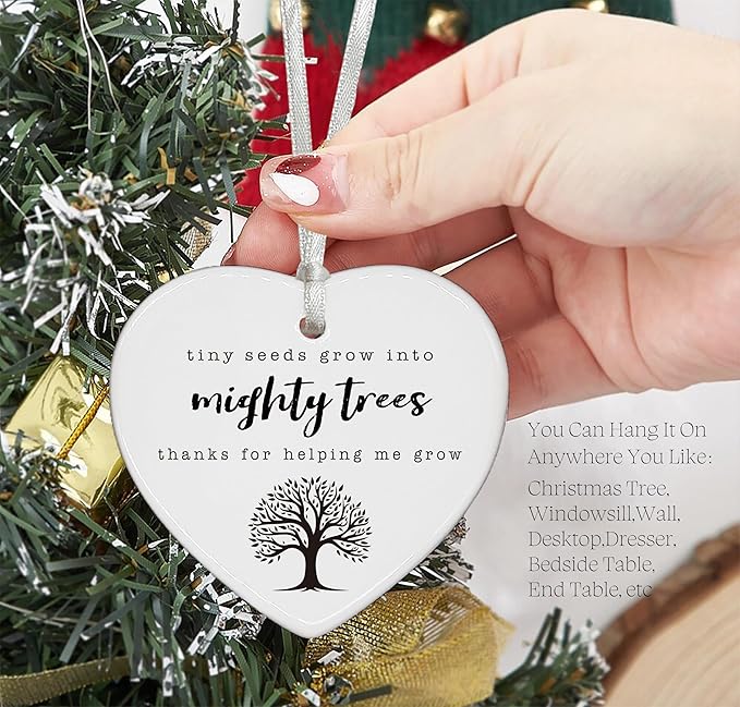 Heart Shaped Christmas Ornament-Teacher Day Appreciation Gift-Thanks for Helping Me Grow Quote-Teachers Week Birthday Inspirational Keepsake Decoration for Classroom or Office