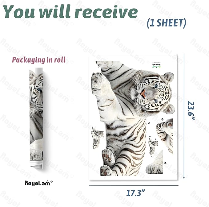 Lifelike Lying White Tiger Wall Decal Nursery Animal Wall Sticker Removable Peel and Stick Wall Art Decor for Kid Baby Classroom Preschool Living Room Playroom Bedroom School
