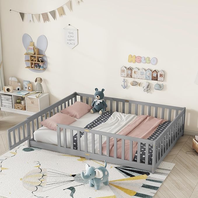 Full Size Floor Bed for Kids, Wood Montessori Floor Beds with Fence Railings, Door & Slats Support, Full Playhouse Bed Frame for Boys Girls, No Box Spring Needed, Gray