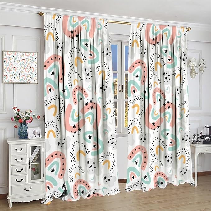 Boho Rainbow Curtains for Kids Nursery Colorful Floral Sun Star Clouds Pastel Bohemian Pattern Print Window Drapes for Girl Bedroom Living Room Kitchen Decor,2 Panel Set,84Wx84H Inch Blackout