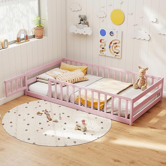 KOMFOTT Twin Size Wood Floor Bed with Door & Fence, Montessori Bed Frame with Full Length Safety Guardrails, Door & Latch, Wooden Montessori Floor Bed for Kids, Girls, Boys (Twin,Pink)