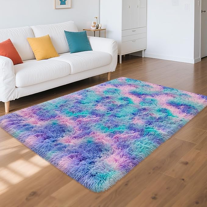 Tie-Dyed Purple Blue Rainbow Kids Rug for Bedroom, 3x5 Fluffy Fuzzy Area Rugs for Girls Room Dorm, Indoor Shaggy Living Room Carpet, Cute Soft Shag Playing Mat for Baby Nursery Playroom
