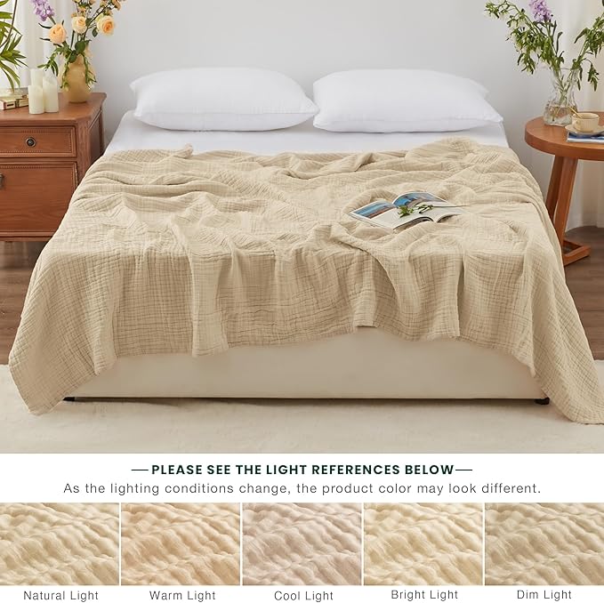 Love's cabin 6 Layer 100% Cotton Muslin Blanket, 108"x90" Muslin King Size Blanket for Bed Couch, Lightweight and Breathable Cotton Gauze for Adult, Khaki
