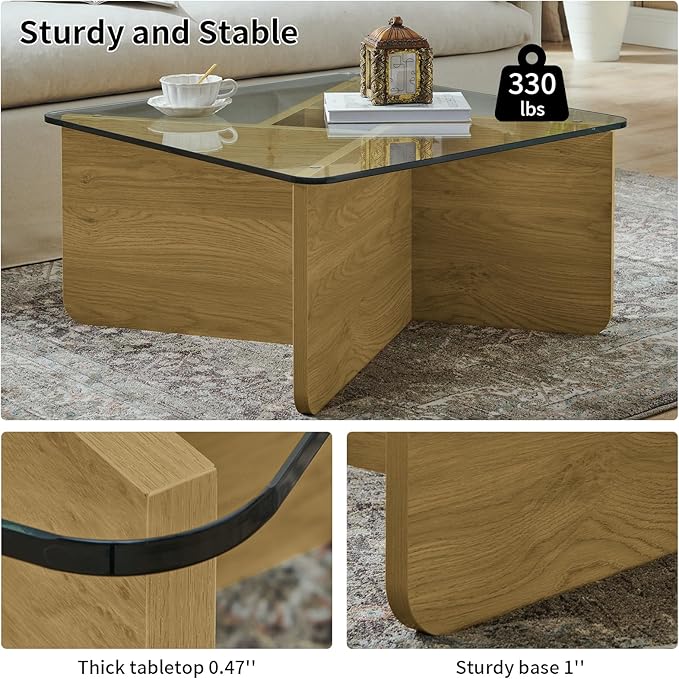 LKTART 31.5" Glass Coffee Table, MDF Mid-Century Modern Square Coffee Table with Tempered Glass Top, Square Center Tables for Small Space Living Room Office Apartment, Wood