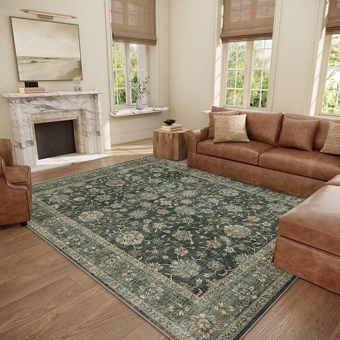 Washable 8x10 Area Rugs for Living Room, Boho Non-Slip Vintage Distress Large Rugs for Bedroom Dining Room Nursery Office, 0.3" Neutral Oriental Throw Thin Carpet, Sage Green/Blue/Multi