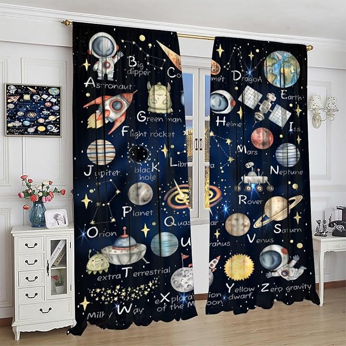 Cartoon Kids Alphabet Astronaut Curtain，Retro Cute Cosmic Galaxy Letter Printed Rod Pocket Blackout Window Treatments for Boys Girls Bedroom Living Room School 42" W X 63" L