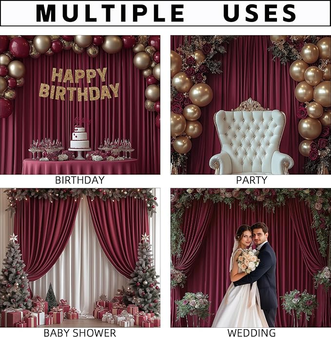 20x10FT Burgundy Backdrop Curtains for Wedding Parties, Wrinkle Free Photo Backdrop Curtains for Wedding Birthday Party Baby Shower, Fabric Drape with Rod Pockets 5ft x 10ft, 4 Panels