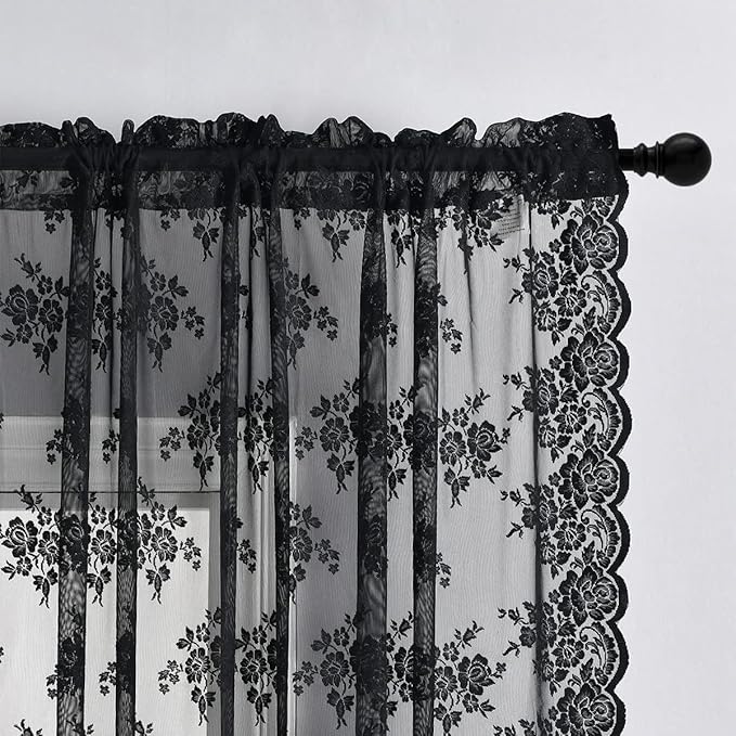 Kotile Black Lace Curtains 108 Inches Long, Vintage Floral Gothic Black Sheer Curtains for Living Room, Rod Pocket Privacy Sheer Lace Curtain 2 Panels Set, 52 x 108 Inch