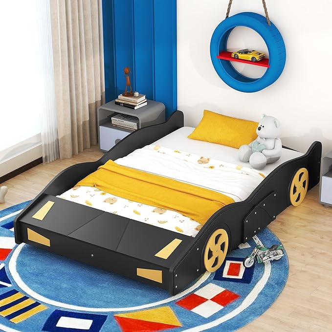 Full Size Race Car-Shaped Platform Bed with Wheels,Kids Full Bed Frame W/Storage Space & Guardrails,Race Car Bed for Boys Toddlers Child's Bedroom,Black+Yellow
