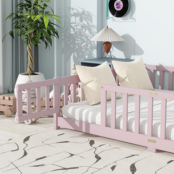 Full Size Floor Bed for Kids, Wood Montessori Floor Beds with Fence Railings, Door & Slats Support, Full Playhouse Bed Frame for Boys Girls, No Box Spring Needed, Pink
