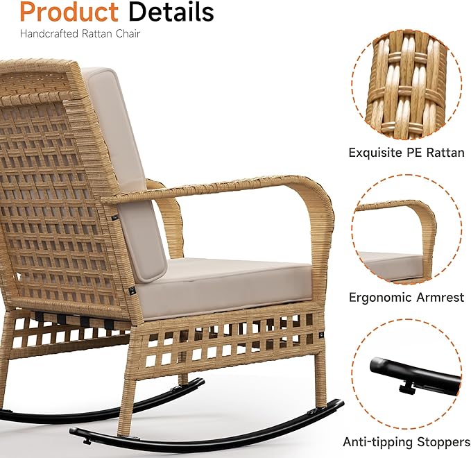 DECMICO Outdoor Rocking Chair, 3 Pieces Wicker Rocking Bistro Set with Rattan Table, Rattan Rocking Chairs with Washable Cushions, Outdoor Wicker Chair for Garden Backyard Porch Poolside