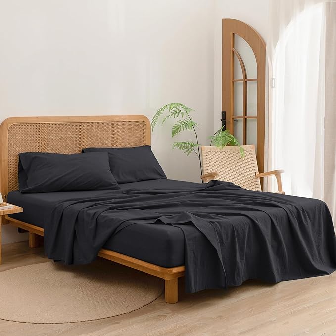 BESTOUCH Sheet Set 100% Washed Cotton Linen Feel Super Soft Comfortable Chic Lightweight 3 Pcs Home Bedding Set Solid Deep Black Twin