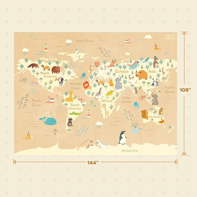 Huge Kids Rugs for Living Room - 9x12 Large Classroom Rug for Children Play & Learning, Washable Ultra Soft World Map Carpet with Ocean, Continents & Cute Animals