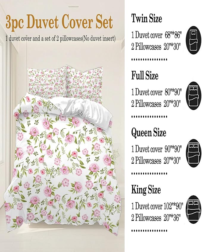 Floral Duvet Cover King Pink White Floral Bedding Sets Vintage Style Garden Flower Comforter Cover Boho Flower Botanical Duvet Cover Girls Women Aesthetic King Duvet Cover with Zipper Ties