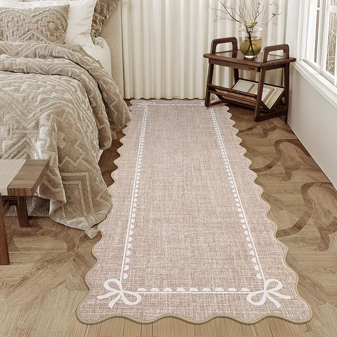 GarveeHome Scalloped Bow Rug for Living Room, Solid Camel Rug for Dorm, Washable Runner Rug 2.5x10 Soft Low Pile Non Slip Scalloped Rugs for Nursery Bedroom Decor Hallway Entryway Playroom