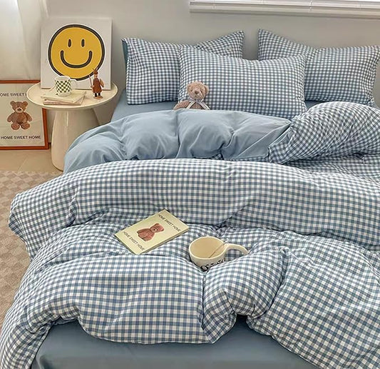 Gingham Duvet Cover Queen Size Blue Striped Bedding Set 3Pcs Kids Boys Girls Geometric Stripes Grid Lattice Soft Breathable Microfiber Comforter Cover with 2 Pillowcases