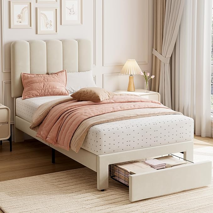 GarveeHome Twin Bed Frame with Under-Bed Drawer, Upholstered Platform Bed with Wave Headboard for Kids/Girls, Wooden Slats Support, No Box Spring Needed, Velvet Beige