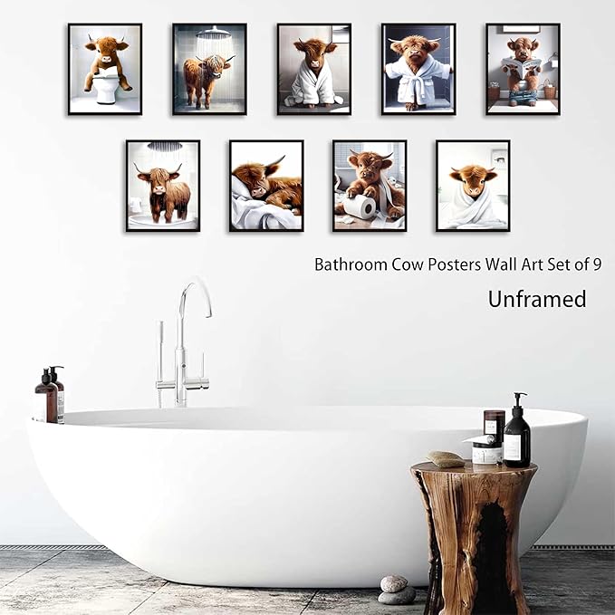 Funny Bathroom Highland Cow Wall Art, Vintage Brown Cow Animal Canvas Posters Prints Home Decor Set of 9, for Farmhouse Kids Bathroom Decoration Restroom Artwork 8x10In Unframed