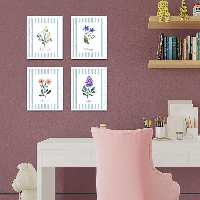 JINYO Vintage Blue and White Striped Floral Wall Art Prints Set of 4, Rustic Lilac Anemone Chamomile Borage Flower Posters Pictures Wall Decor for Home Bedroom Living Room, 8x10 Unframed
