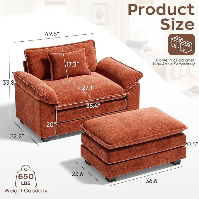 CDCASA Oversized Accent Chair with Ottoman, Chenille Comfy Cloud Sofa Chair with Large Seat and Upholstered Armrests, Modern Extra Wide Armchair for Bedroom, Living Room,Terracotta Orange