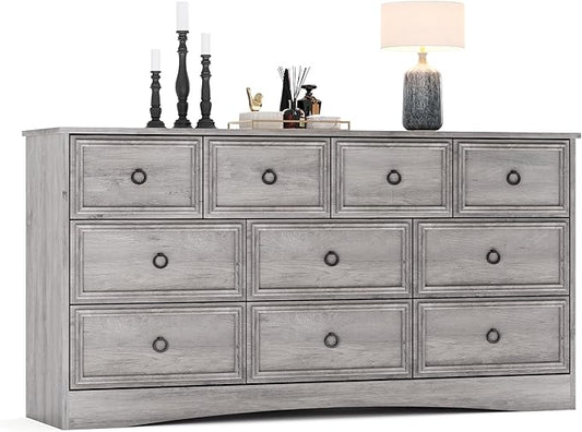 Grey 10 Drawer Dresser, 59" Large Dresser for Bedroom, Wood Chest of Drawers, TV Stand for 70 inch TV, Rustic Storage Dressers Organizer for Bedroom, Hallway