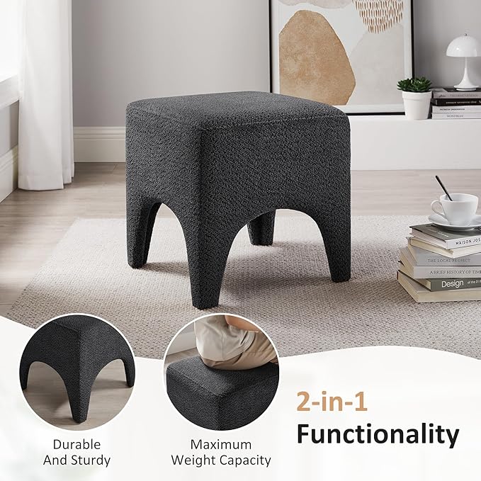 17" Boucle Modern Square Foot Stool Ottoman, Vanity Stool for Makeup, Rectangle Foot Rest for Couch, Upholstered Ottoman Stool for Living Room, Bedroom, Entryway (1, Dark Grey)