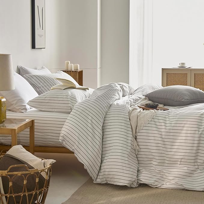 JELLYMONI Striped Duvet Cover Set - King Size 100% Cotton - 3PCS White & Grey Vertical Stripes Bedding - Hidden Zipper Closure & 8 Corner Ties - Breathable Comforter Cover for Bedroom