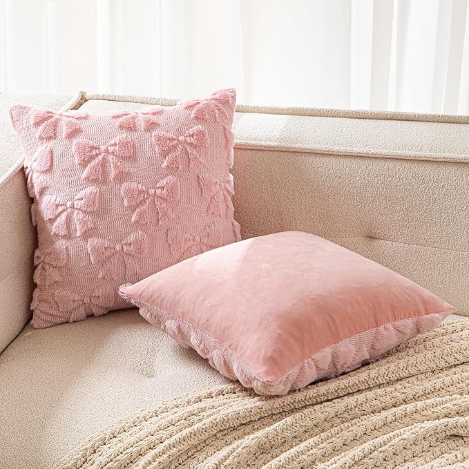 MIULEE Pink Bow Pillow Covers Coquette Room Decor Aesthetic Set of 2 Decorative Cute Girl Christmas Throw Pillow Soft Plush Faux Pillowcase for Girl Bed Couch Sofa,18x18 Inch