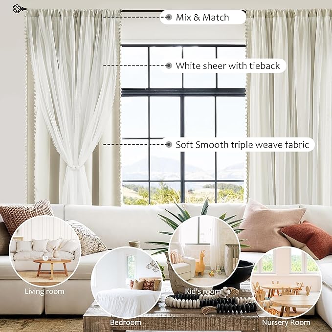 Pom-Pom Blackout Curtains with Sheer Overlay for Bedroom 84"L Ivory Mix and Match Double Layer Blackout Curtains for Living Room Nursery Kid's Room Drapes with Tiebacks Rod Pocket 52" W x2 Natural