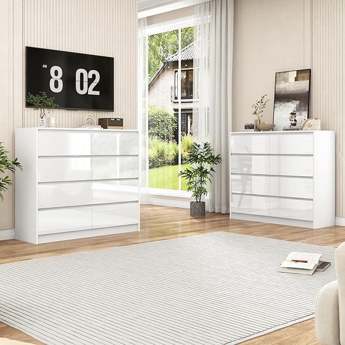 White Malm High Gloss Dresser for Bedroom, 47" Wide 41" Tall Dresser with 8 Drawers, Modern Large Wood Chest of Drawer Handle Free, Living Room, Entryway, Hallway, White
