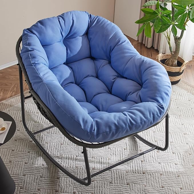 Oversized Outdoor Papasan Rocking Chair with Soft Cushion, Comfy Patio Egg Chair, Wicker Lounge Rocker for Balcony/Porch/Garden, Reinforced All Weather Rattan Frame, 330 lbs Support, Royal Blue