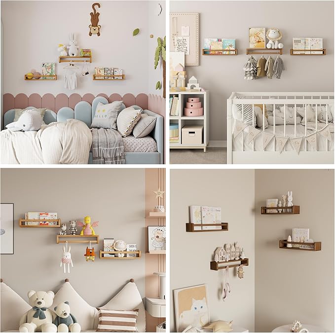 Heimlove Nursery Floating Shelves, Nursery Book Shelves for Wall, 16 inch Bookshelf for Kids Solid Wood Mounted Shelves for Books,Toys and Decor Storage, Set of 2