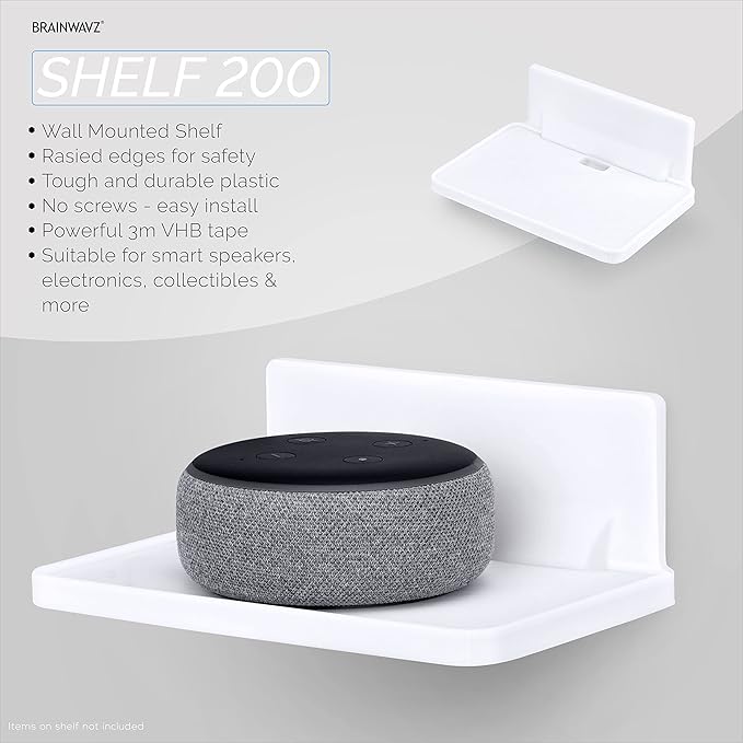 BRAINWAVZ 6.7" Adhesive Floating Wall Shelf for Small Speakers, Deco, Plants, Baby Monitors, Toys, Bathroom, Kitchen & More, Easy to Install, No Screws & Mess, 6.7” x 4.1 (SHELF200-White)