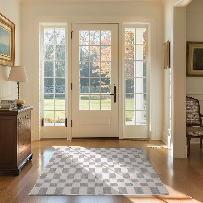 EverGrace Checkered Plaid Area Rug 3x5, Soft Fuzzy Faux Wool Rugs Washable Anti Slip Rugs Small Rug Carpet for Entryway Bedroom Living Room Hallway Kitchen Dining Room and Laundry Room, Light Gray