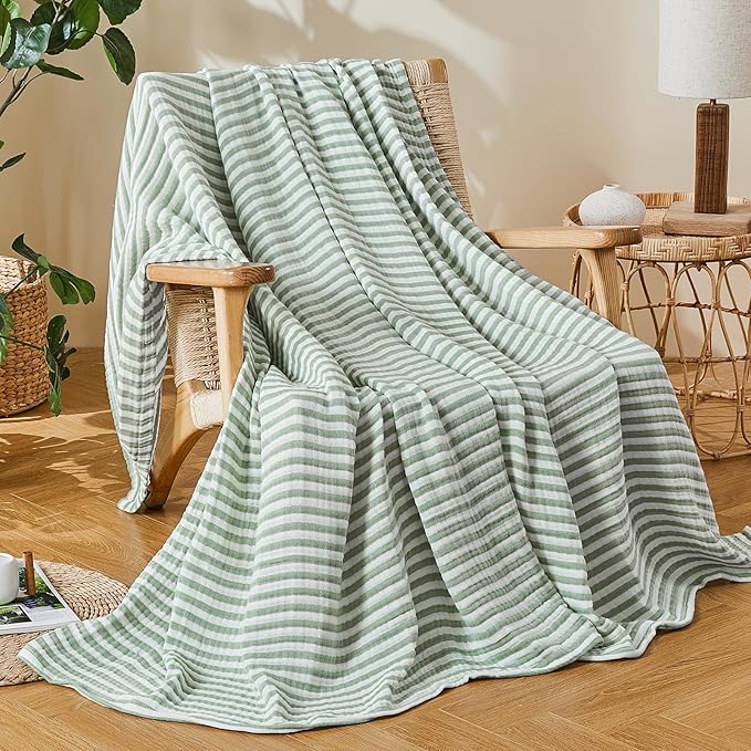 EMME Cotton Muslin Queen Blanket Bed Layering Bedspread Coverlet Breathable Gauze Soft Lightweight Adults (Striped Sage Green, 90"x90")